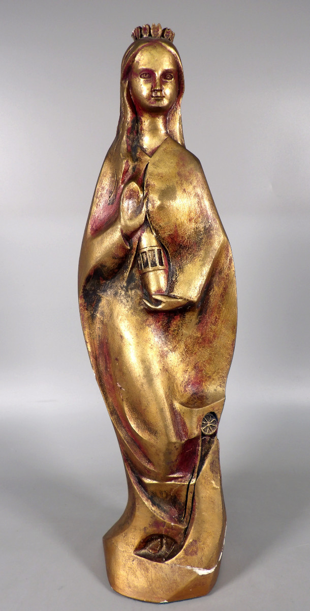 Stylized Virgin Mary In Gilded Plaster By L. R. Muller 1981