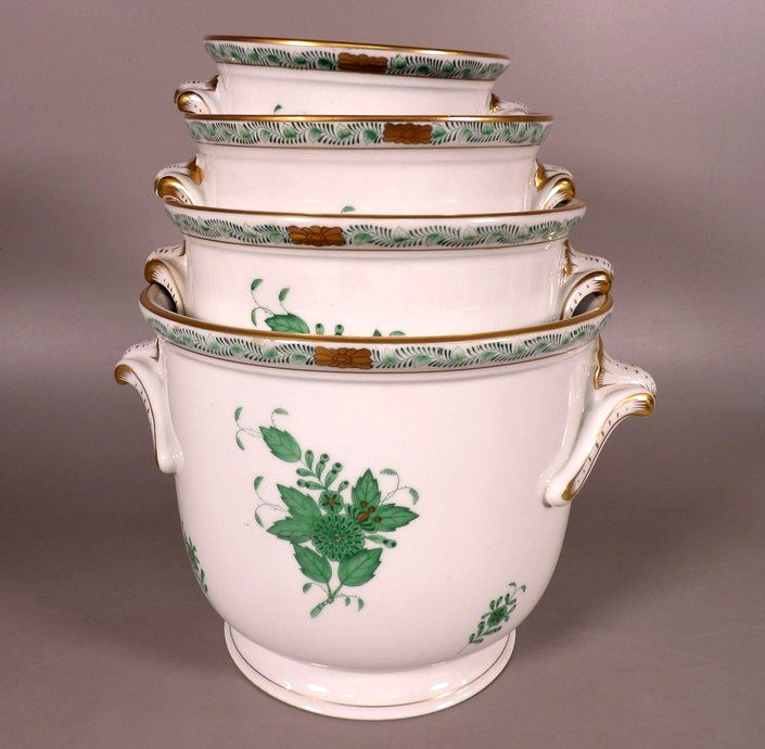 Ensemble de 4 Cache Pots en Porcelaine "Apponyi" Vert - HEREND HUNGARY-photo-2
