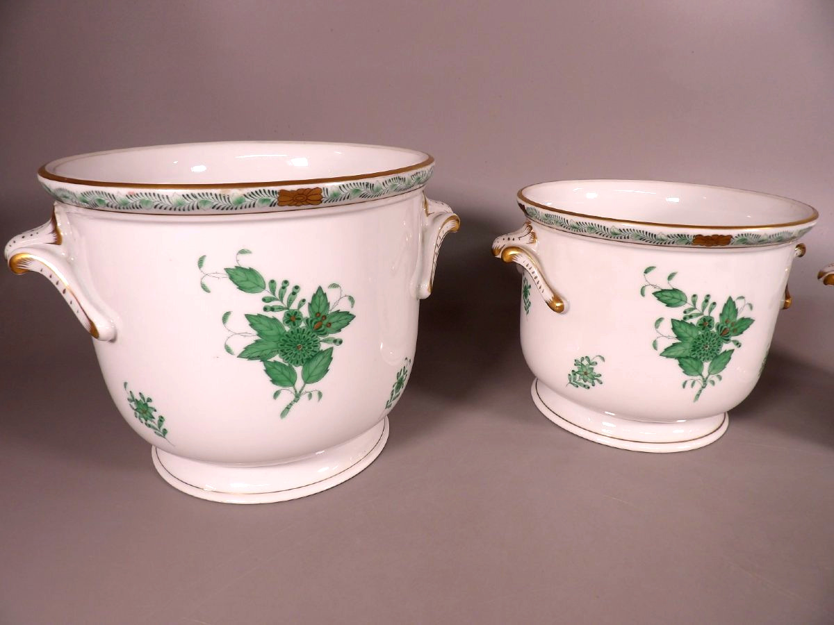 Ensemble de 4 Cache Pots en Porcelaine "Apponyi" Vert - HEREND HUNGARY-photo-1