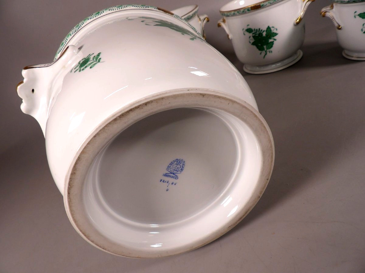 Ensemble de 4 Cache Pots en Porcelaine "Apponyi" Vert - HEREND HUNGARY-photo-7