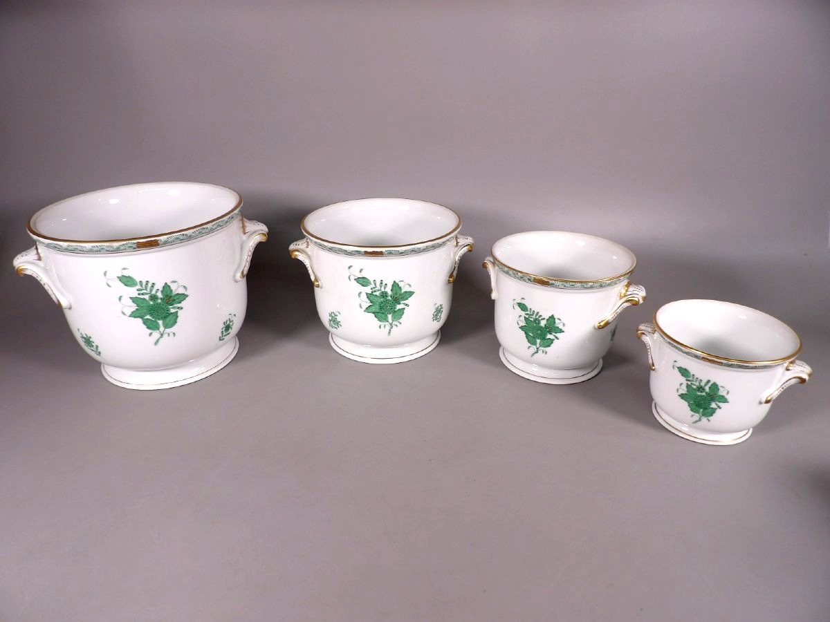Ensemble de 4 Cache Pots en Porcelaine "Apponyi" Vert - HEREND HUNGARY