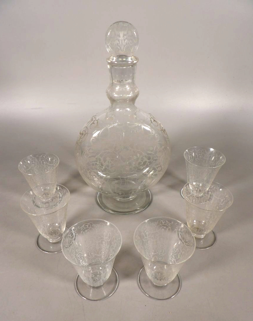 Antique Crystal Decanter And 6 Glasses - "michelangelo" Model By Baccarat