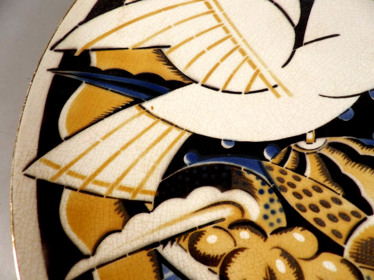Large Antique Platter With Two Doves – Art Deco By Geo Condé – K & G – Lunéville-photo-3