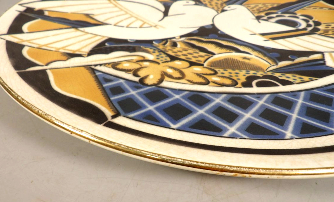 Large Antique Platter With Two Doves – Art Deco By Geo Condé – K & G – Lunéville-photo-1