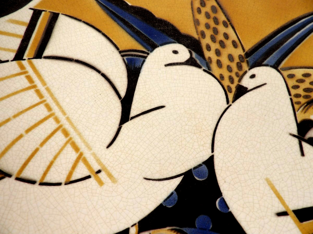 Large Antique Platter With Two Doves – Art Deco By Geo Condé – K & G – Lunéville-photo-2