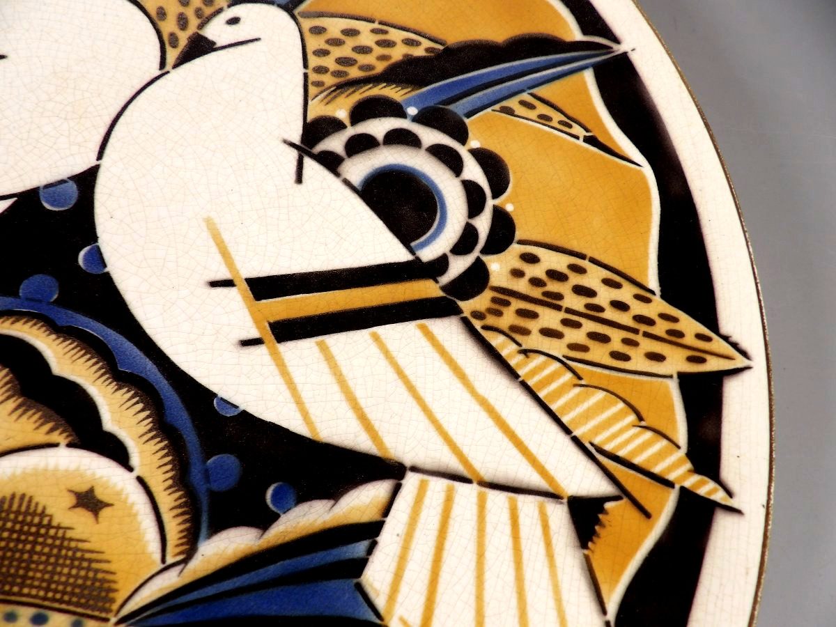 Large Antique Platter With Two Doves – Art Deco By Geo Condé – K & G – Lunéville-photo-4