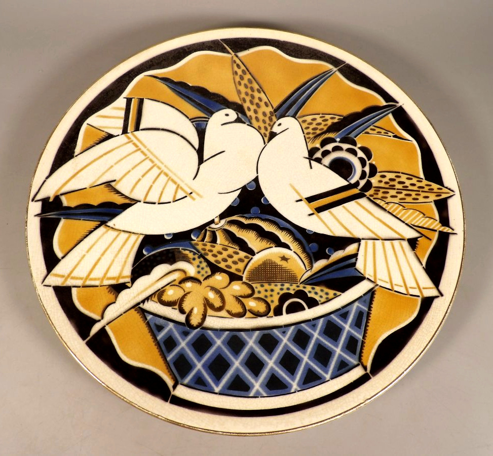 Large Antique Platter With Two Doves – Art Deco By Geo Condé – K & G – Lunéville
