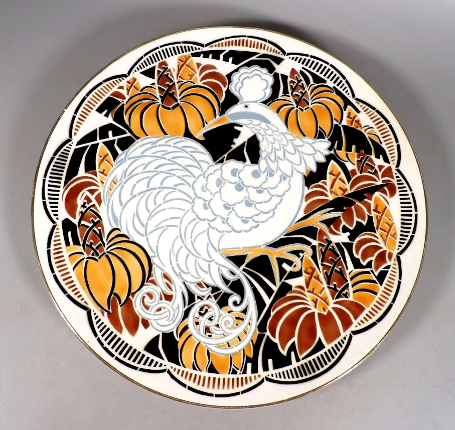 Large, Antique Peacock Dish - Art Deco Style By Geo Condé - K And G - Lunéville
