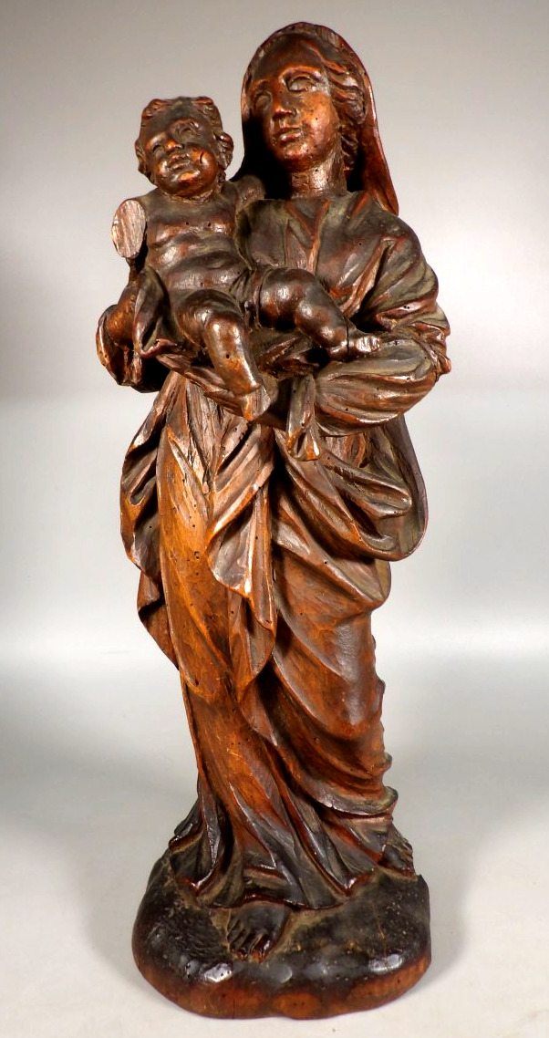 Antique Wooden Sculpture Of The Virgin And Child, Polished