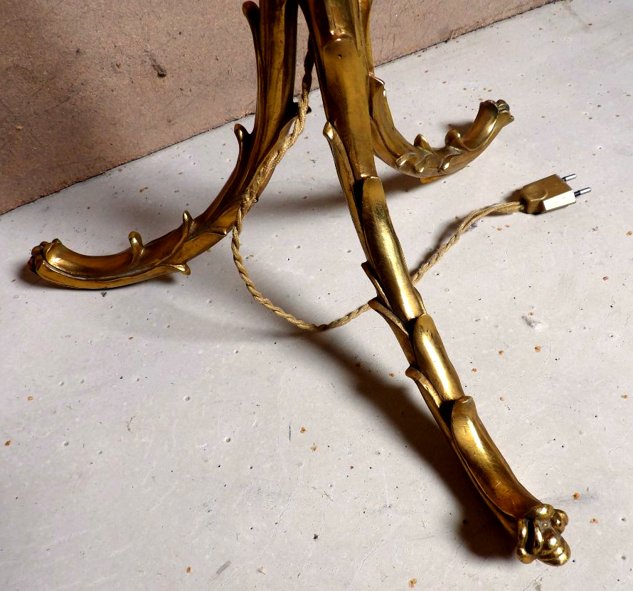 Lampadaire Tripode en Bronze Doré à décor de Feuillages style Palmier - Maison BAGUÈS-photo-3
