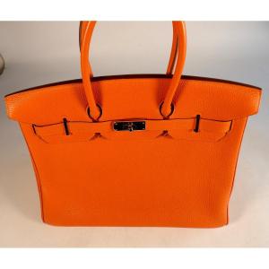 Sac à main Hermès "Birkin 35" en cuir de veau Togo Orange