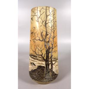 Art Deco Style Vase - Signed Jem - Village On A Winter Background And Crows In Flight