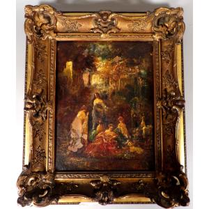 Huile sur Bois - "Jeunes Femmes dans un Parc" - par Adolphe MONTICELLI (1824-1886)