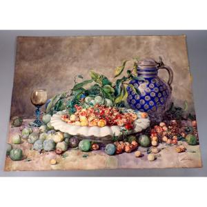 Watercolor Still Life On Embossed Paper Late 19th Century By François Rivoire (1842-1919)