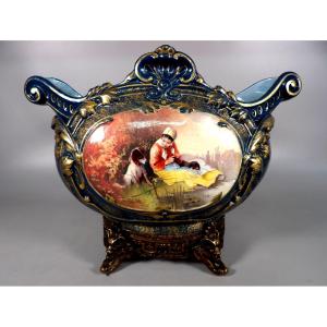 19th-century Ceramic Planter With Bronze Base - édouard Gilles