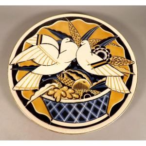 Grand et Ancien Plat aux 2 Colombes - Art Déco par Geo CONDÉ - K et G - LUNÉVILLE