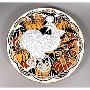 Large, Antique Peacock Dish - Art Deco Style By Geo Condé - K And G - Lunéville
