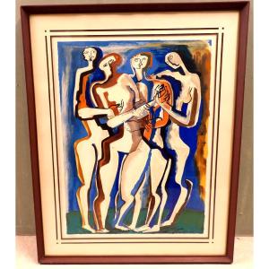 Modernist Cubist Lithograph "the Family" By Ossip Zadkine - Circa 1967