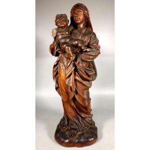 Antique Wooden Sculpture Of The Virgin And Child, Polished