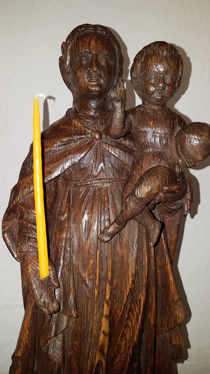Sculpture statue Vierge à l'Enfant En Chêne, époque XVIIe-photo-7