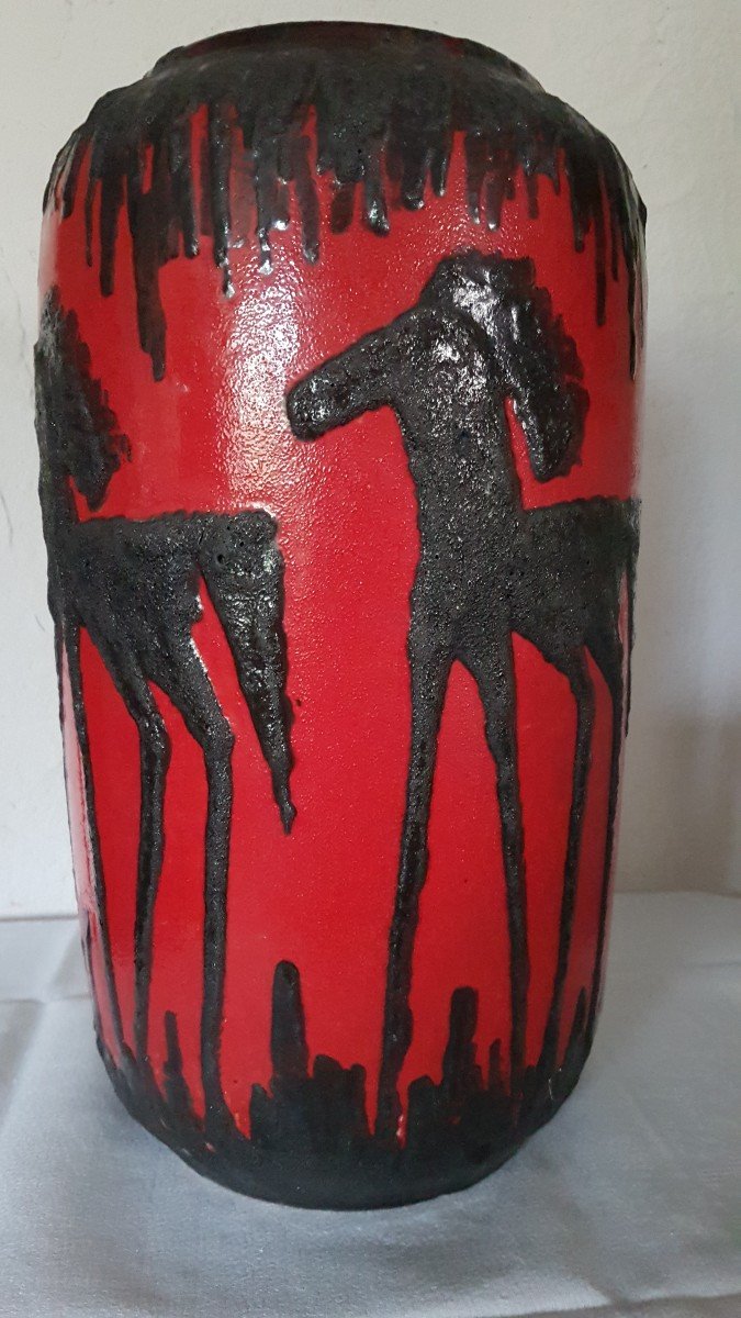 Large Ceramic Pottery Vase From Scheurich Germany, Horse Decor.-photo-1