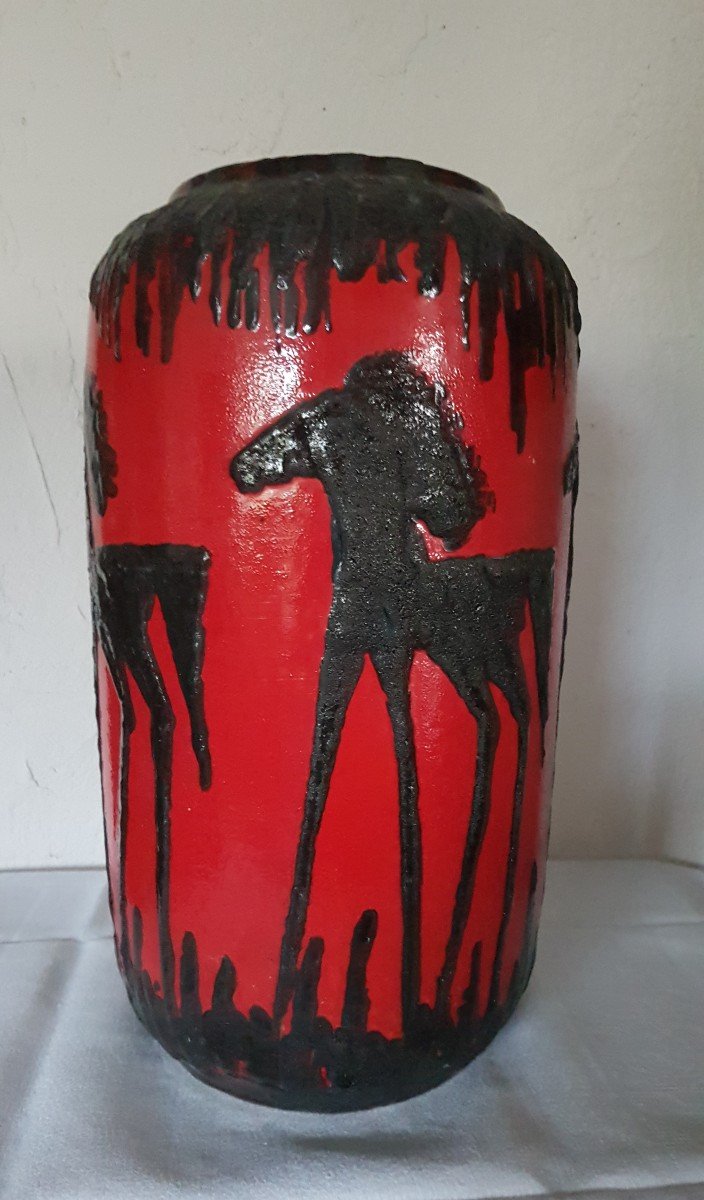 Large Ceramic Pottery Vase From Scheurich Germany, Horse Decor.-photo-6