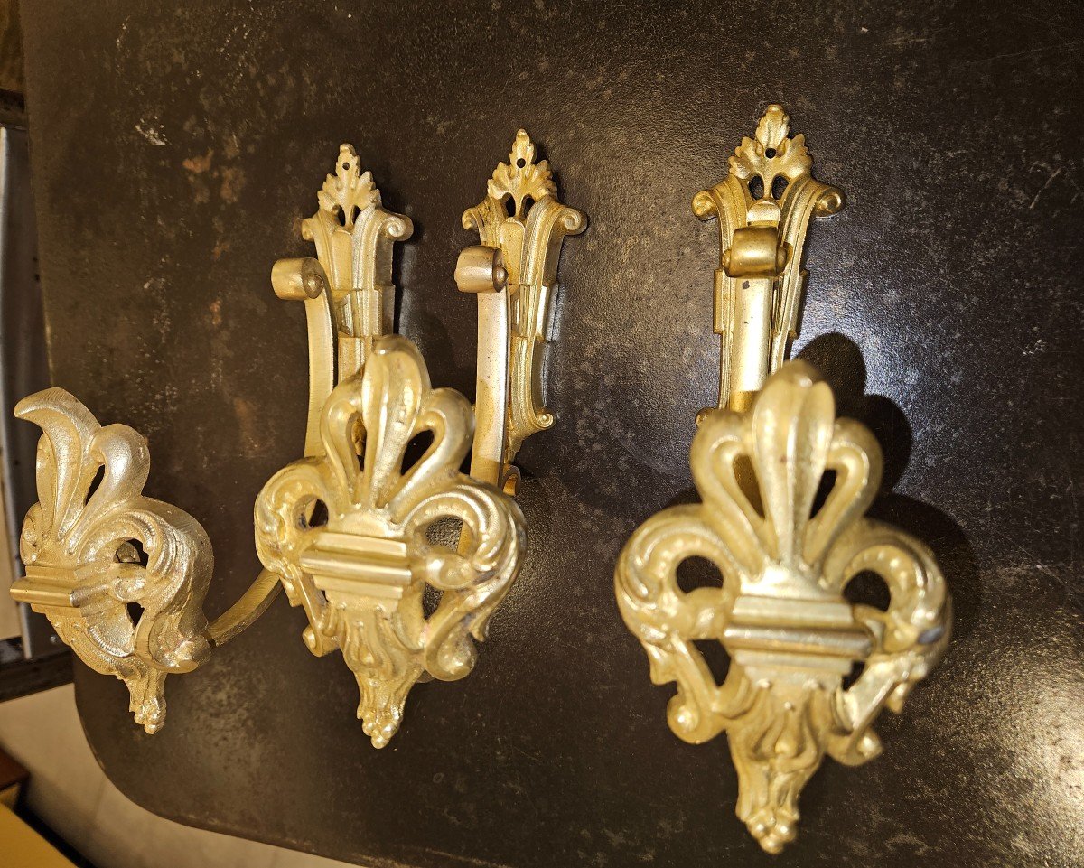 Set Of 3 Curtain Tiebacks In Gilt Bronze - Fleur De Lys - Early 20th