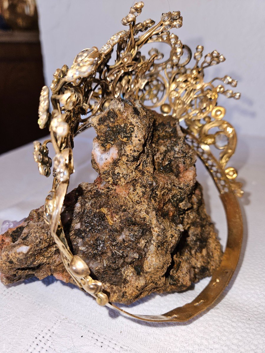  Crown Of Religious Statue In Brass And Rhinestones - 19th --photo-2