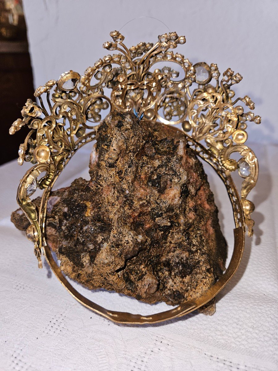  Crown Of Religious Statue In Brass And Rhinestones - 19th --photo-3