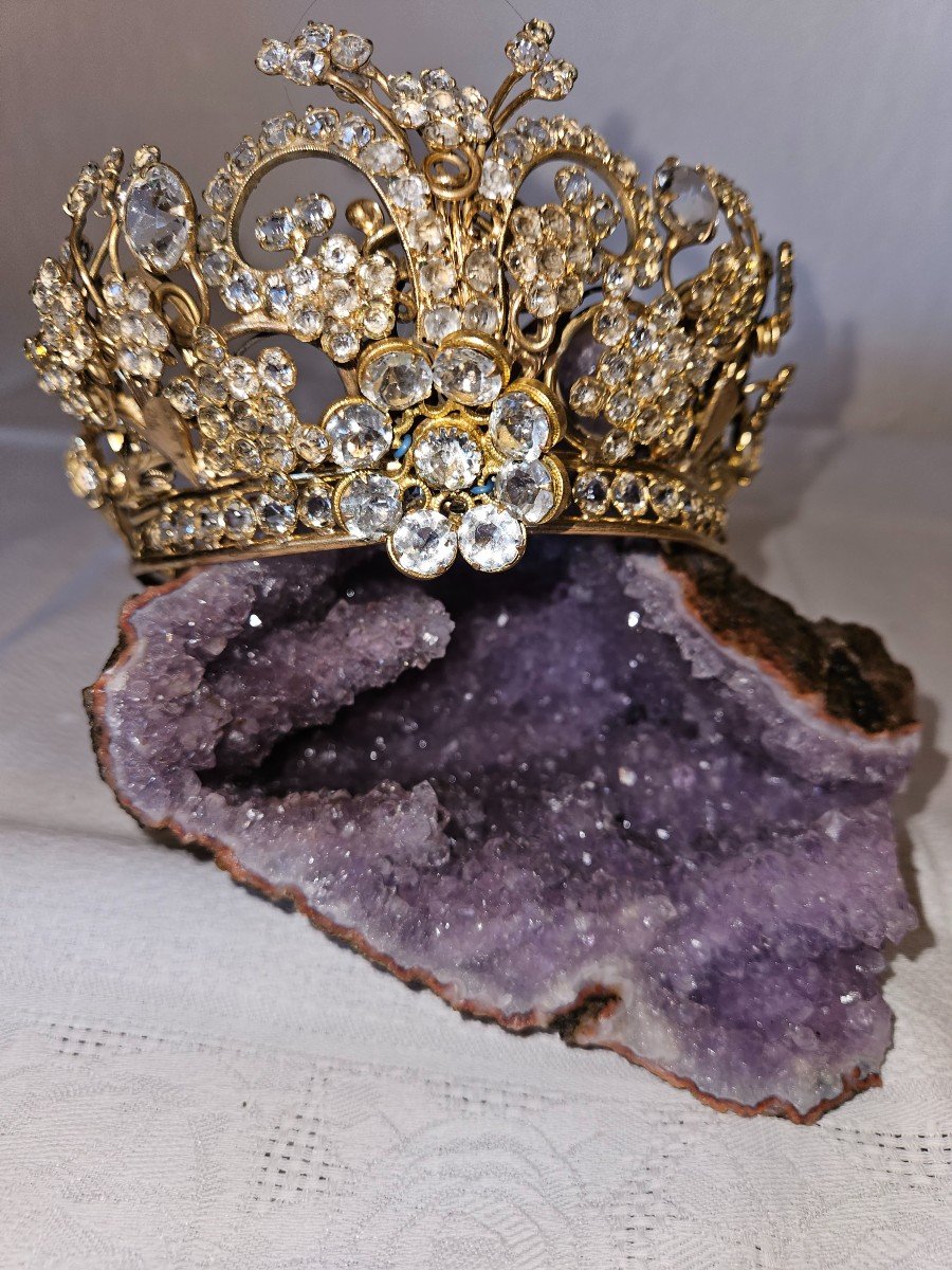  Crown Of Religious Statue In Brass And Rhinestones - 19th -