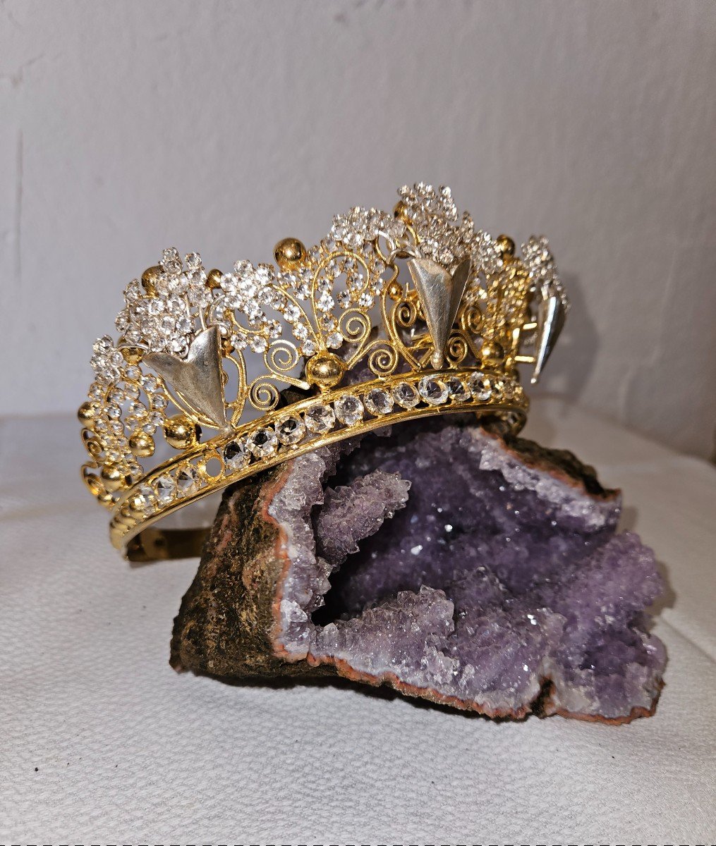 Crown Of Religious Statue In Brass And Rhinestones - 19th Century --photo-1