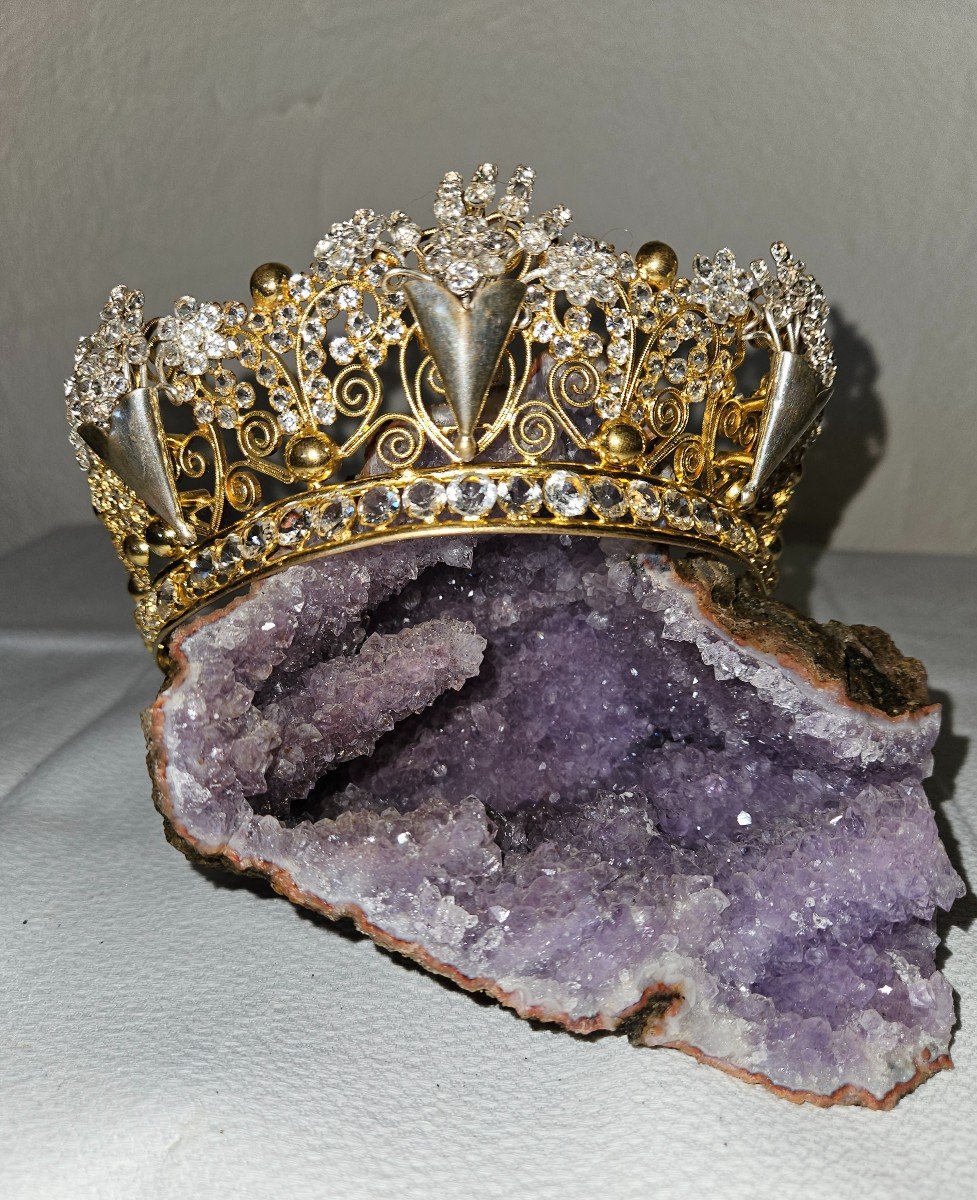 Crown Of Religious Statue In Brass And Rhinestones - 19th Century -