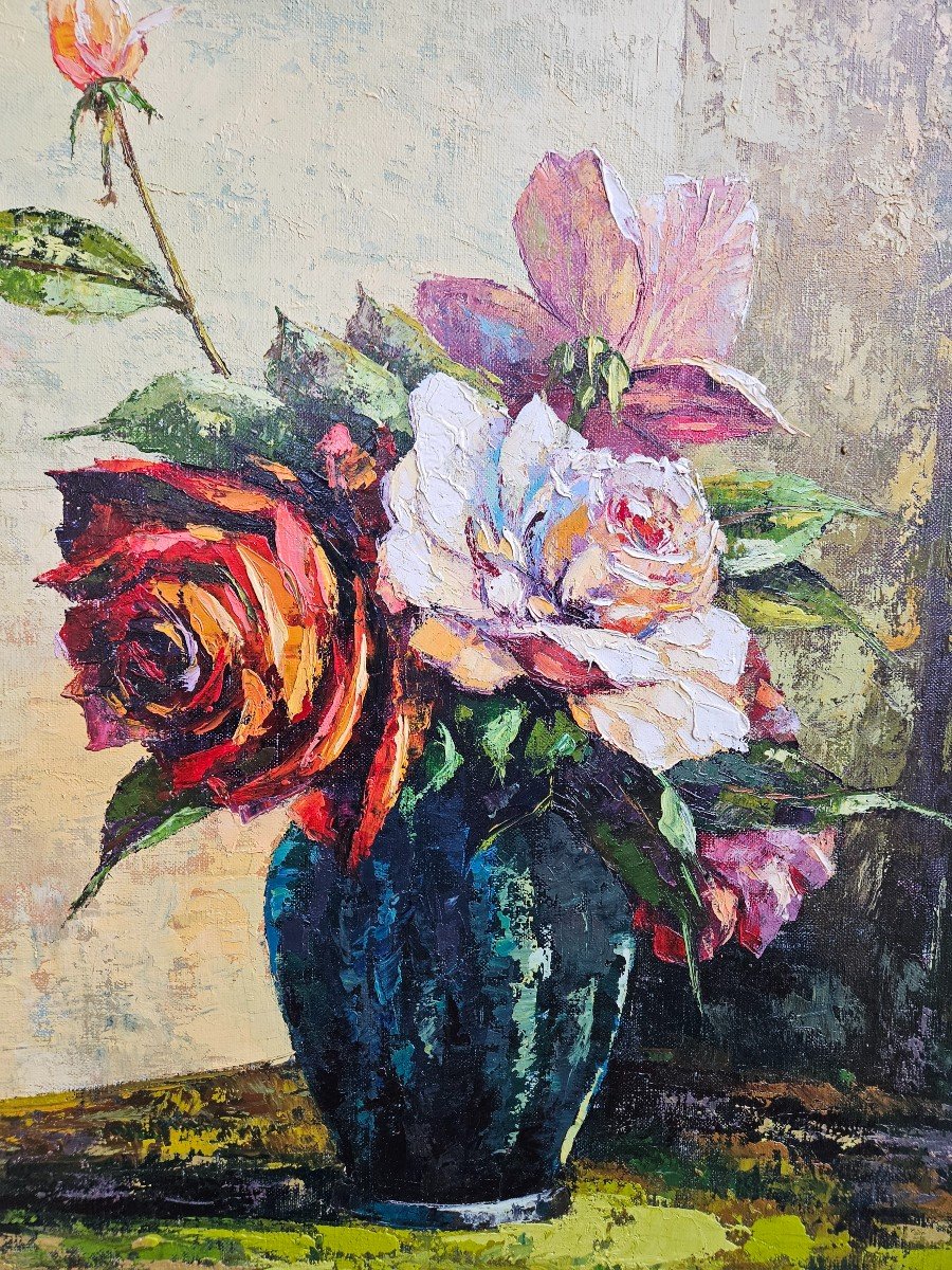 Oil Painting On Canvas - Bouquet Of Roses By Augustin Rouart - 20th Century-photo-2