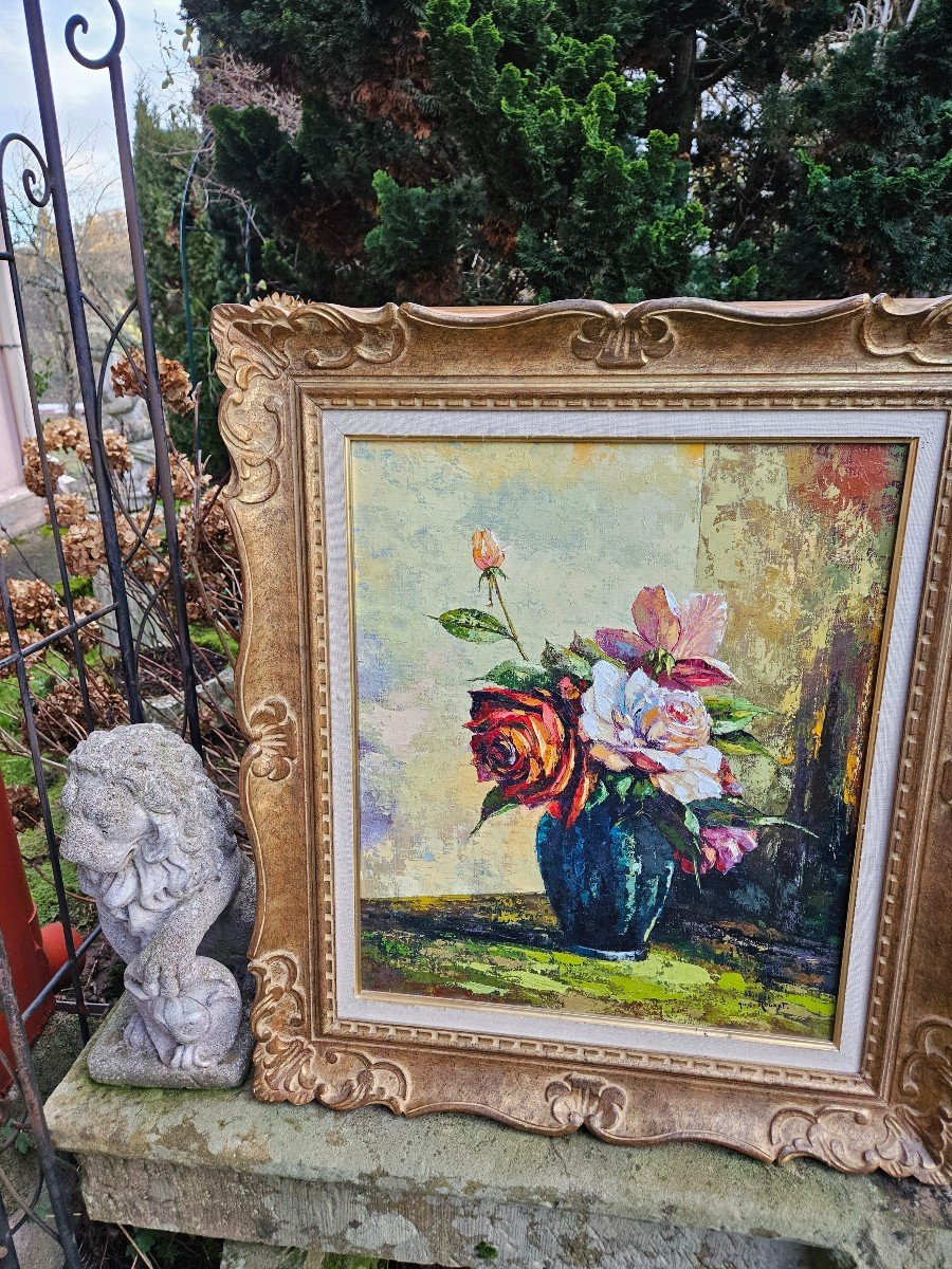 Oil Painting On Canvas - Bouquet Of Roses By Augustin Rouart - 20th Century-photo-3