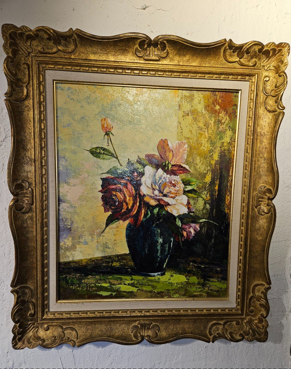 Oil Painting On Canvas - Bouquet Of Roses By Augustin Rouart - 20th Century-photo-4