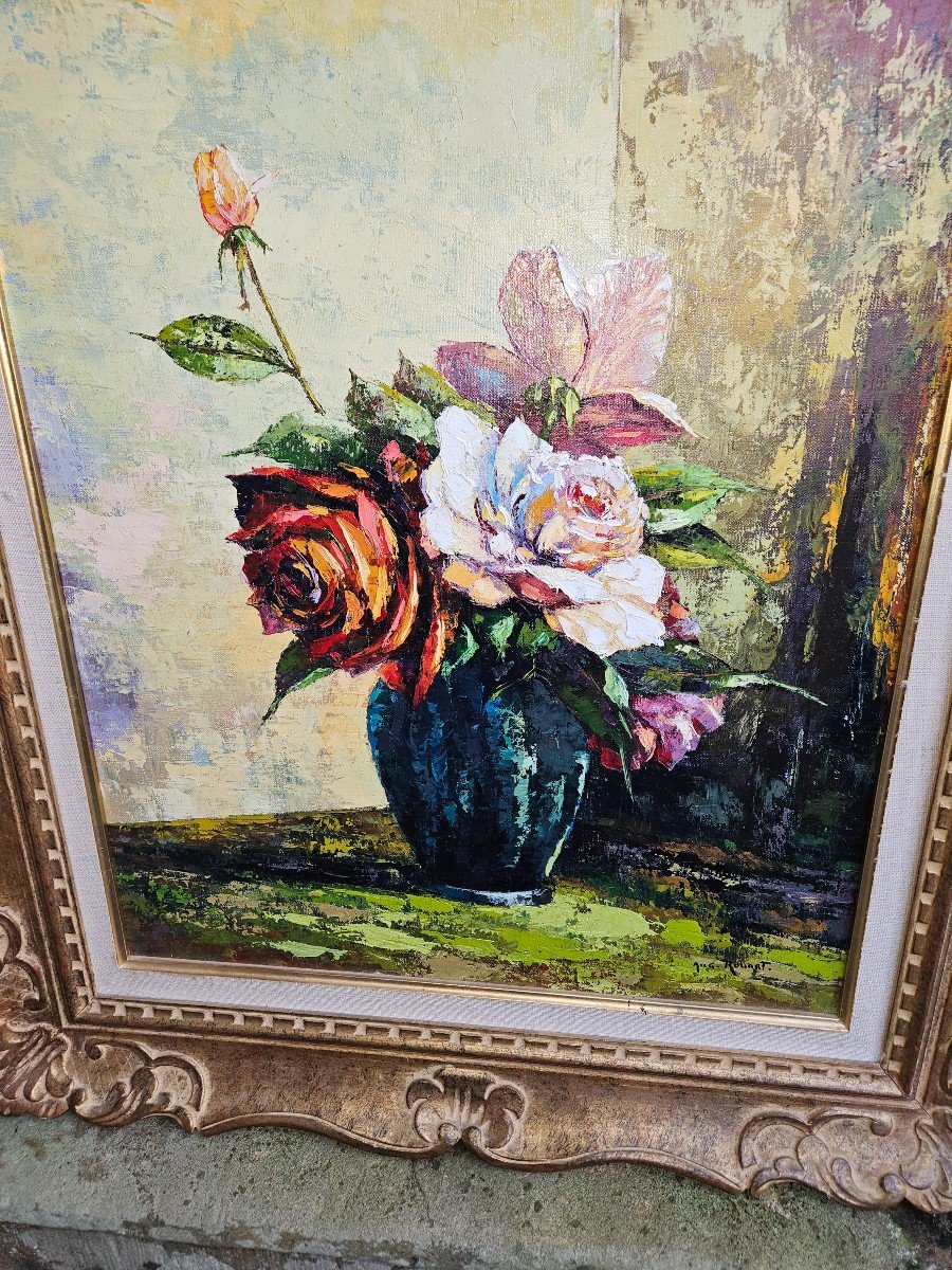 Oil Painting On Canvas - Bouquet Of Roses By Augustin Rouart - 20th Century-photo-7