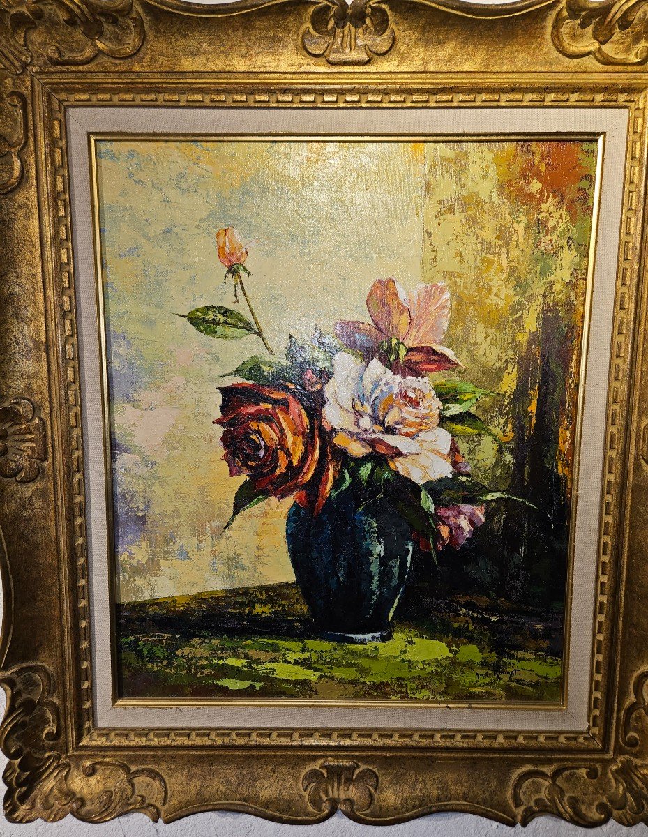 Oil Painting On Canvas - Bouquet Of Roses By Augustin Rouart - 20th Century-photo-8