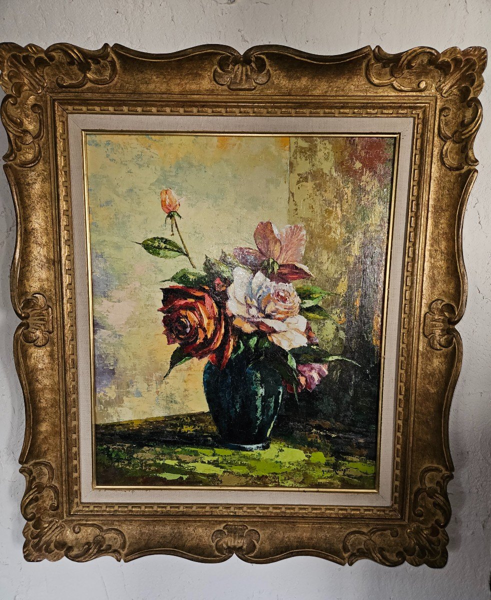 Oil Painting On Canvas - Bouquet Of Roses By Augustin Rouart - 20th Century