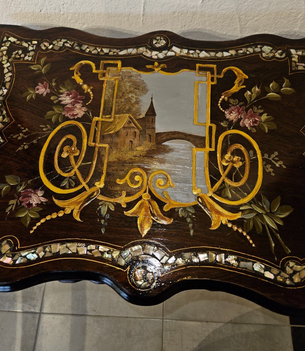Small Gueridon Table With Two Burgaute Trays - With Romantic Decor - Napoleon III Period. -photo-2