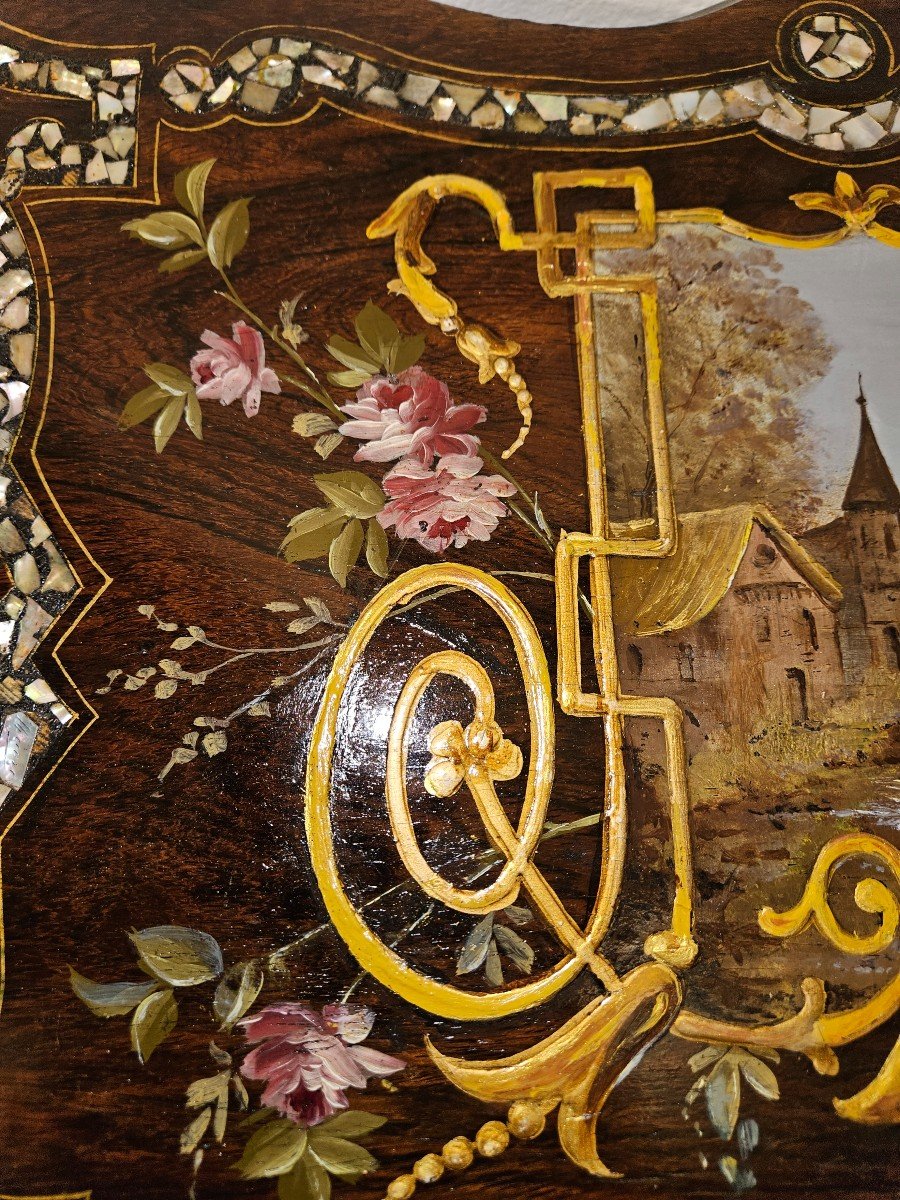 Small Gueridon Table With Two Burgaute Trays - With Romantic Decor - Napoleon III Period. -photo-4