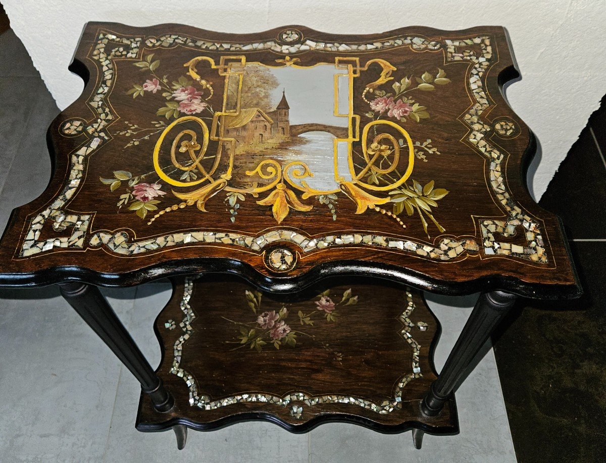 Small Gueridon Table With Two Burgaute Trays - With Romantic Decor - Napoleon III Period. -photo-2