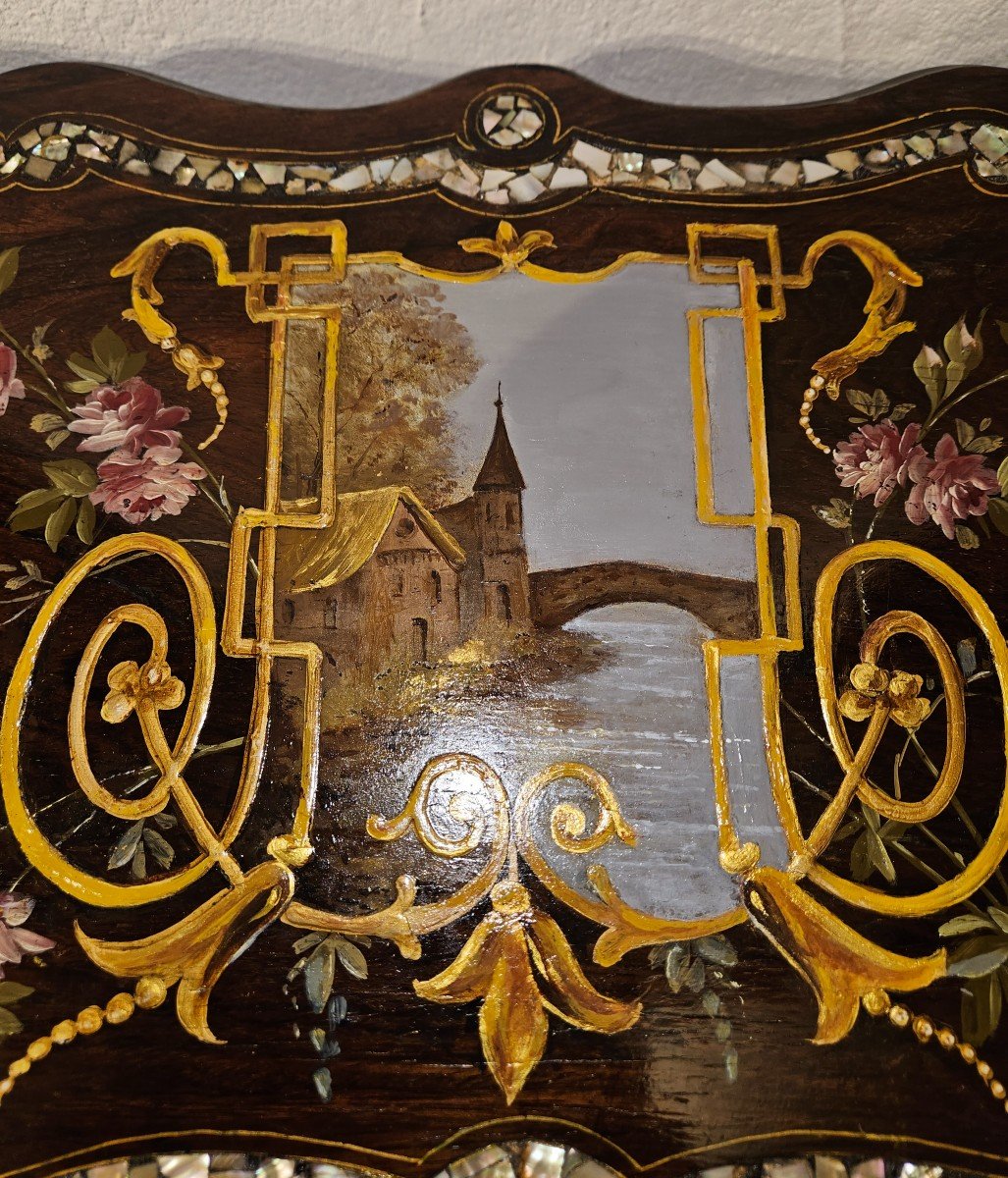 Small Gueridon Table With Two Burgaute Trays - With Romantic Decor - Napoleon III Period. -photo-4