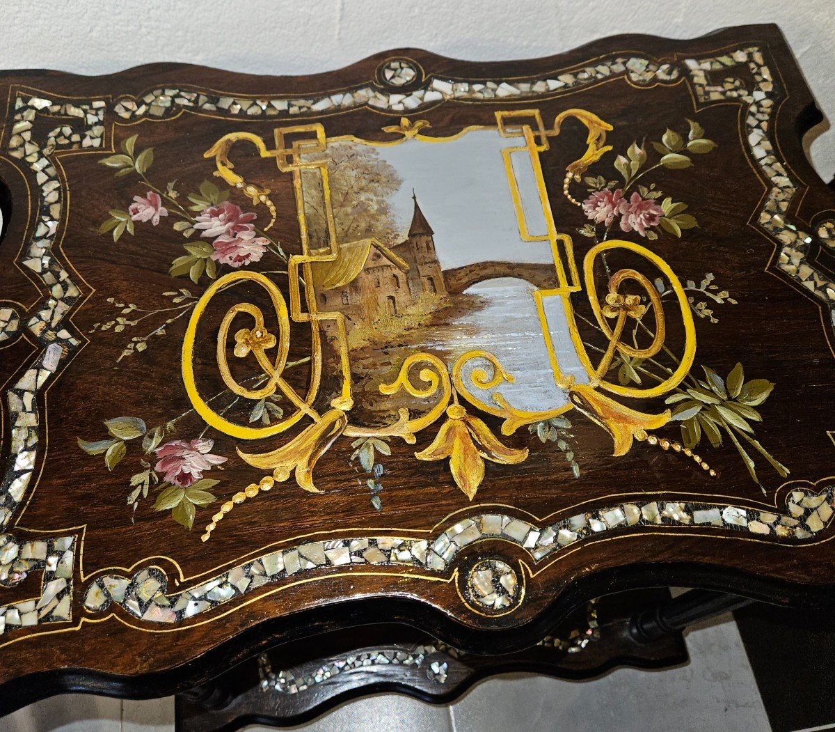 Small Gueridon Table With Two Burgaute Trays - With Romantic Decor - Napoleon III Period. -photo-5