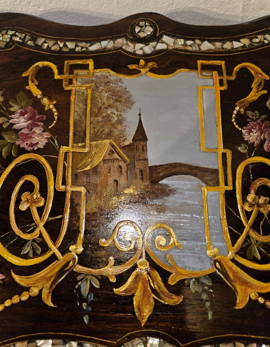 Small Gueridon Table With Two Burgaute Trays - With Romantic Decor - Napoleon III Period. -photo-6