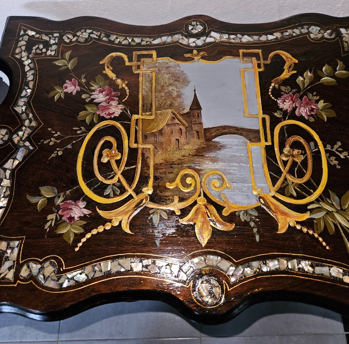 Small Gueridon Table With Two Burgaute Trays - With Romantic Decor - Napoleon III Period. -photo-7