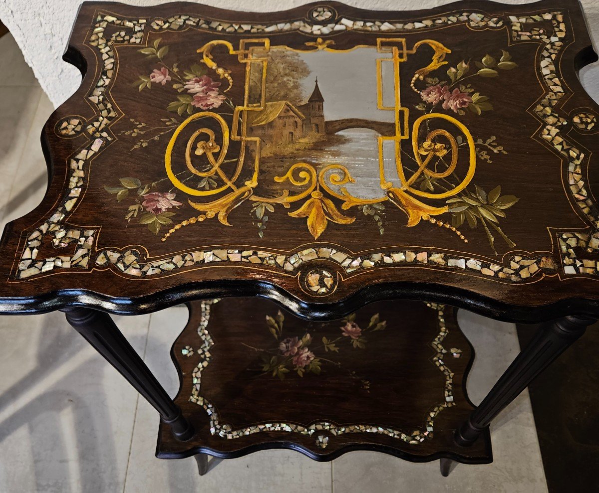 Small Gueridon Table With Two Burgaute Trays - With Romantic Decor - Napoleon III Period. -photo-8