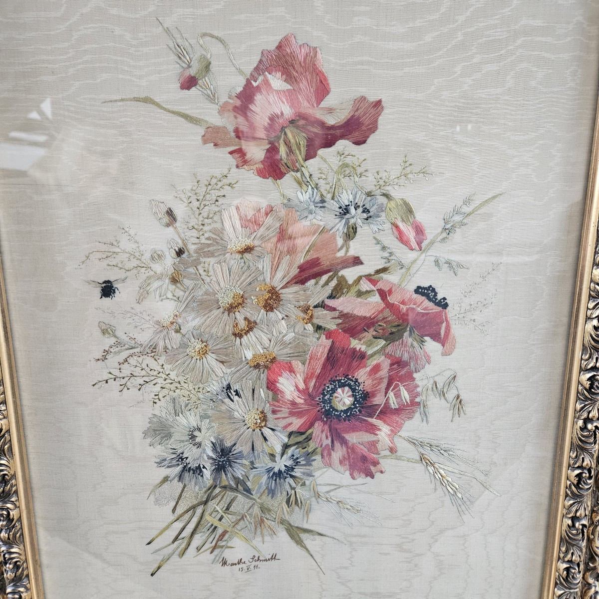 Needle Painting - Bouquet Of Flowers - Signed Marthe Schmitt - 1911 --photo-2