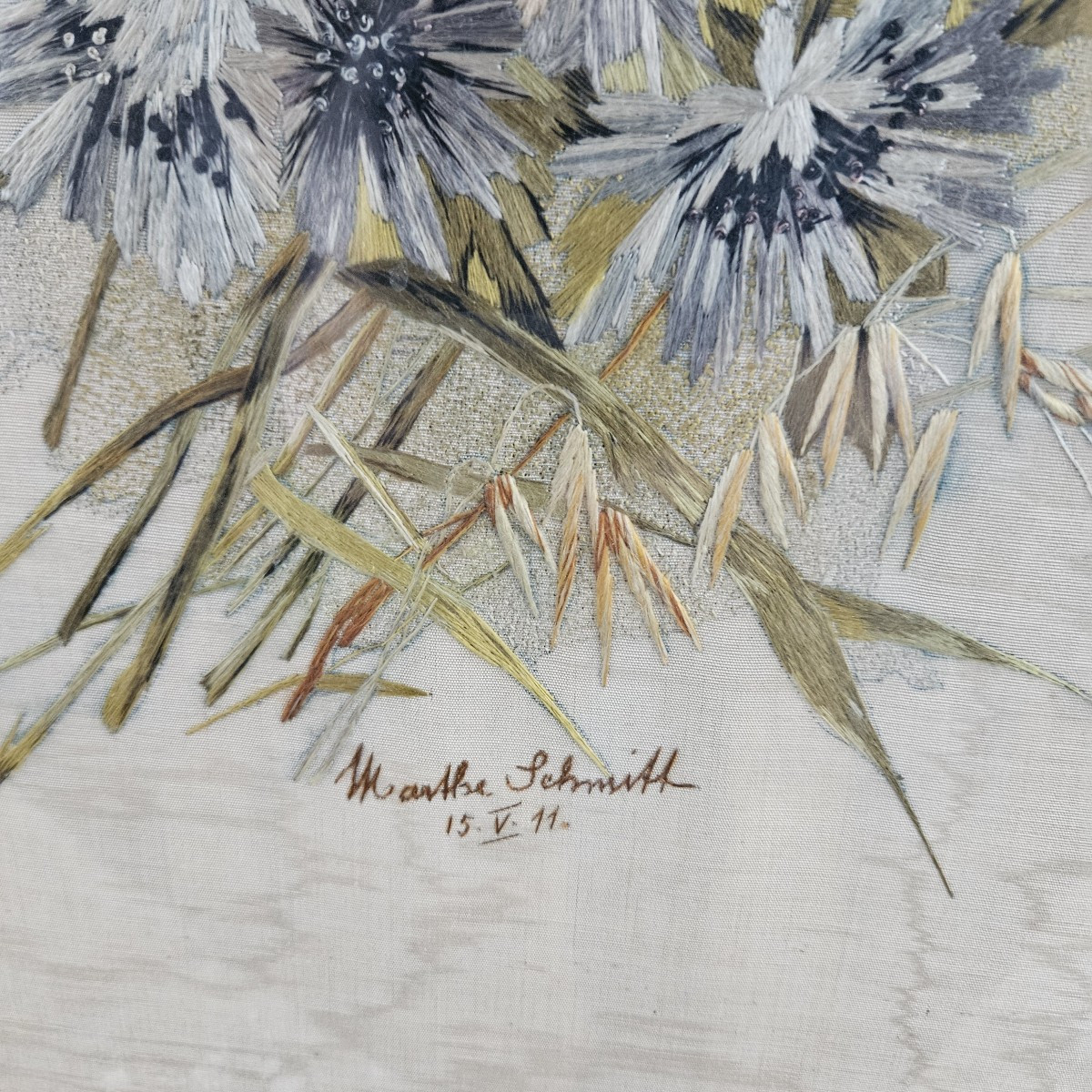 Needle Painting - Bouquet Of Flowers - Signed Marthe Schmitt - 1911 --photo-3