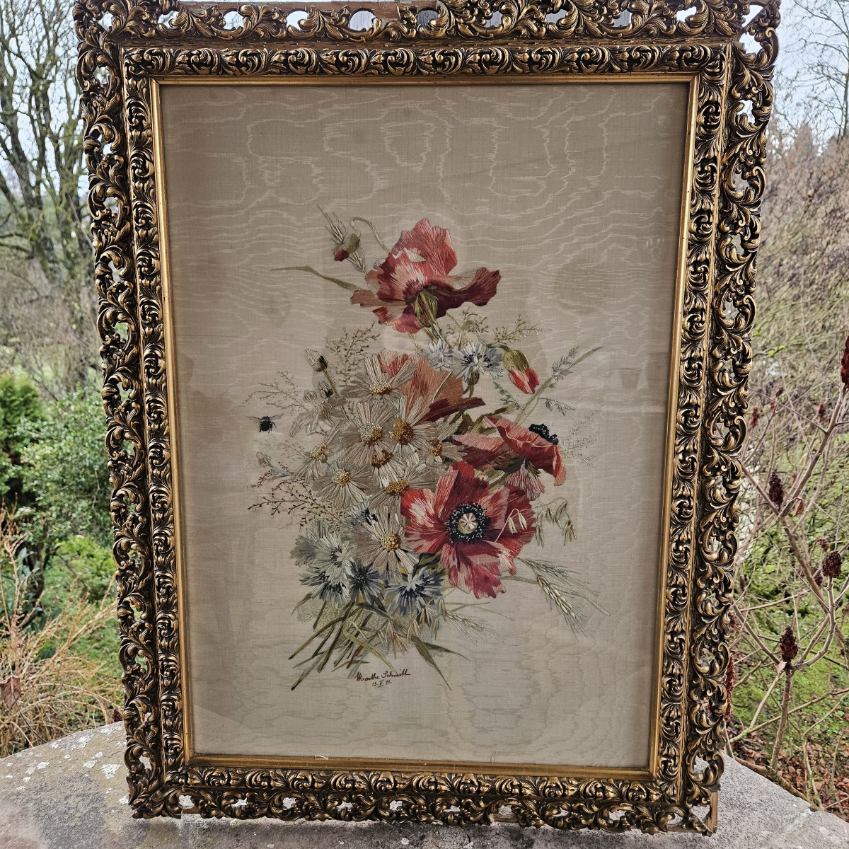 Needle Painting - Bouquet Of Flowers - Signed Marthe Schmitt - 1911 --photo-8