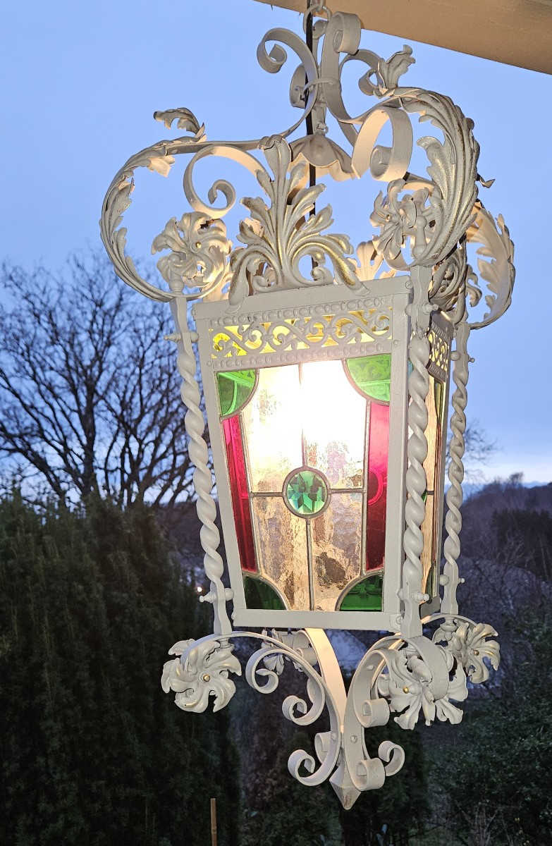 Large Wrought Iron Porch Lantern With Leaded Stained Glass - 19th Century  -photo-2